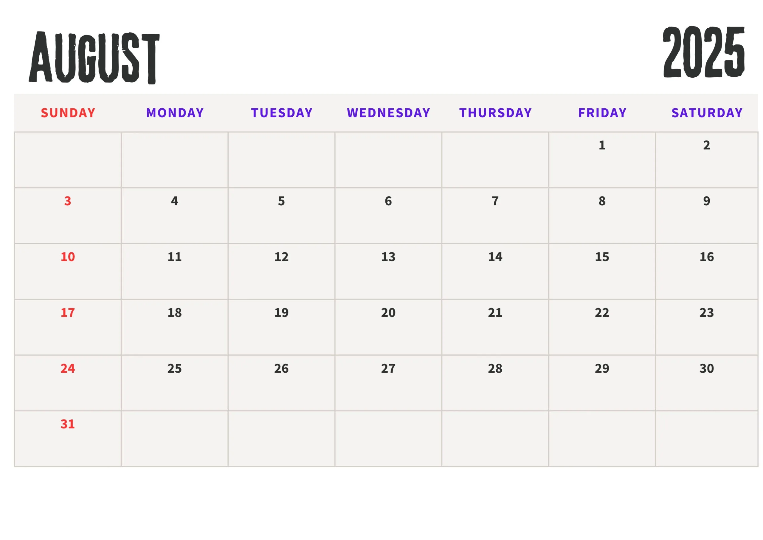 August 2025 calendar