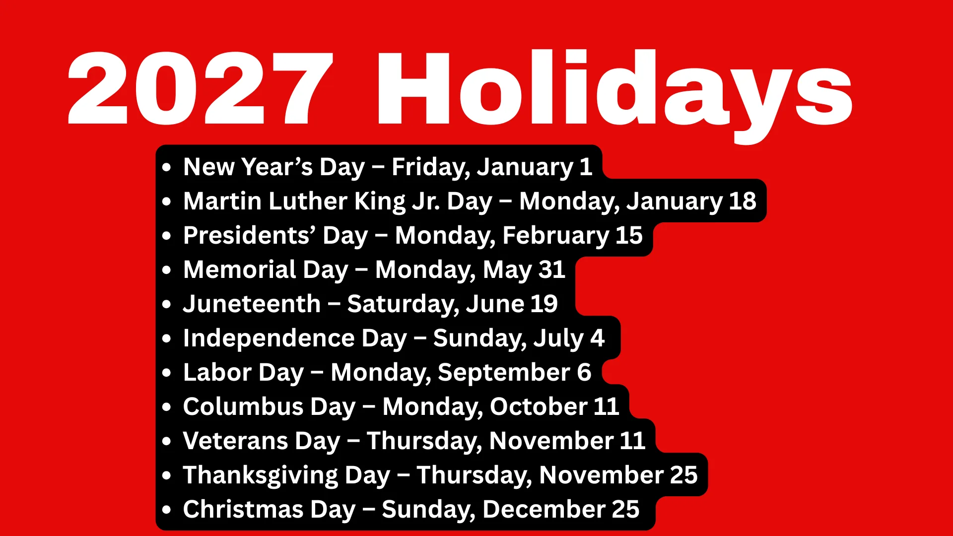 2027 holidays in the United States
