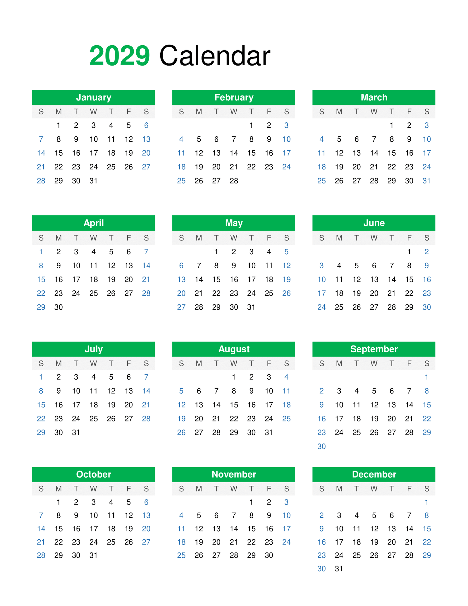 2029 calendar Calendar for 2029