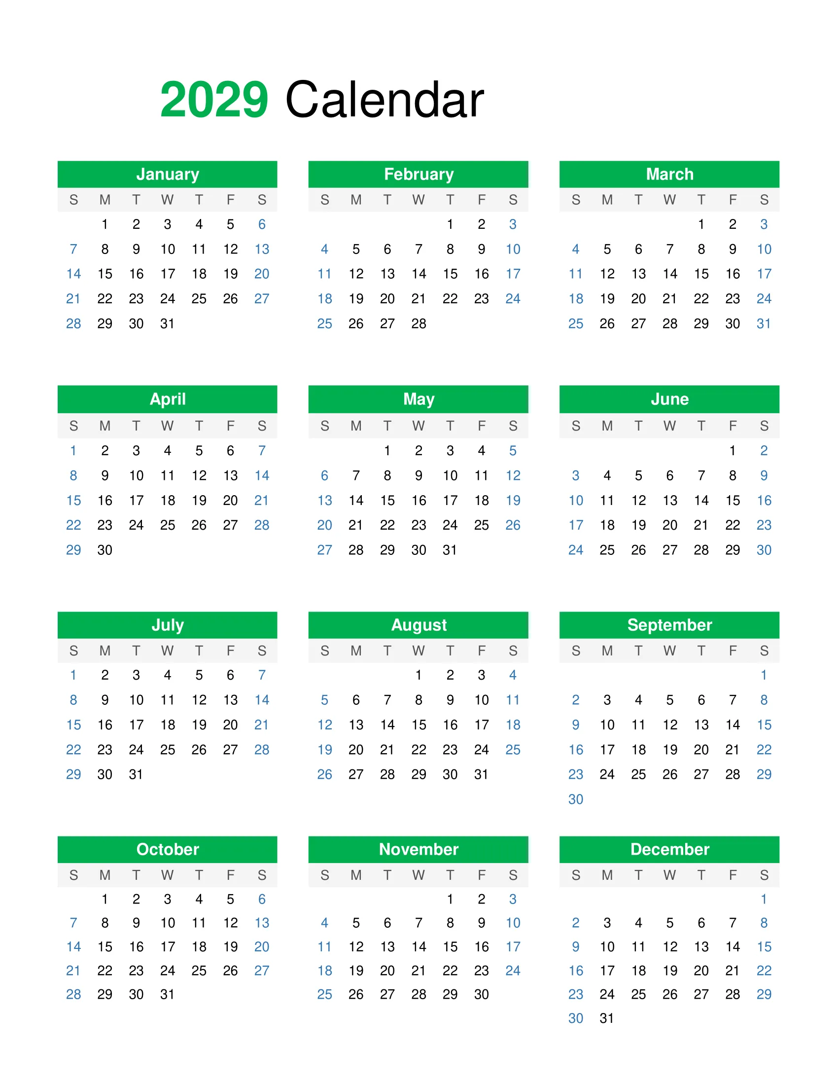 Calendar for 2029
