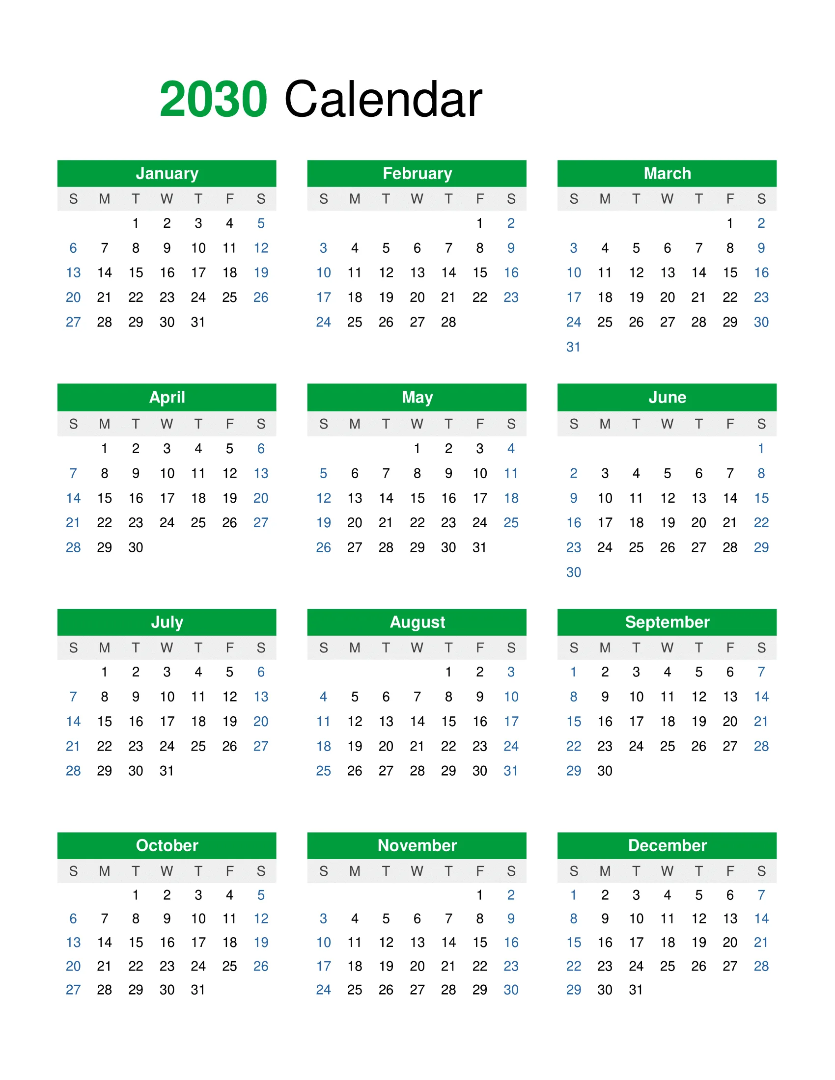 2030 calendar Calendar for 2030