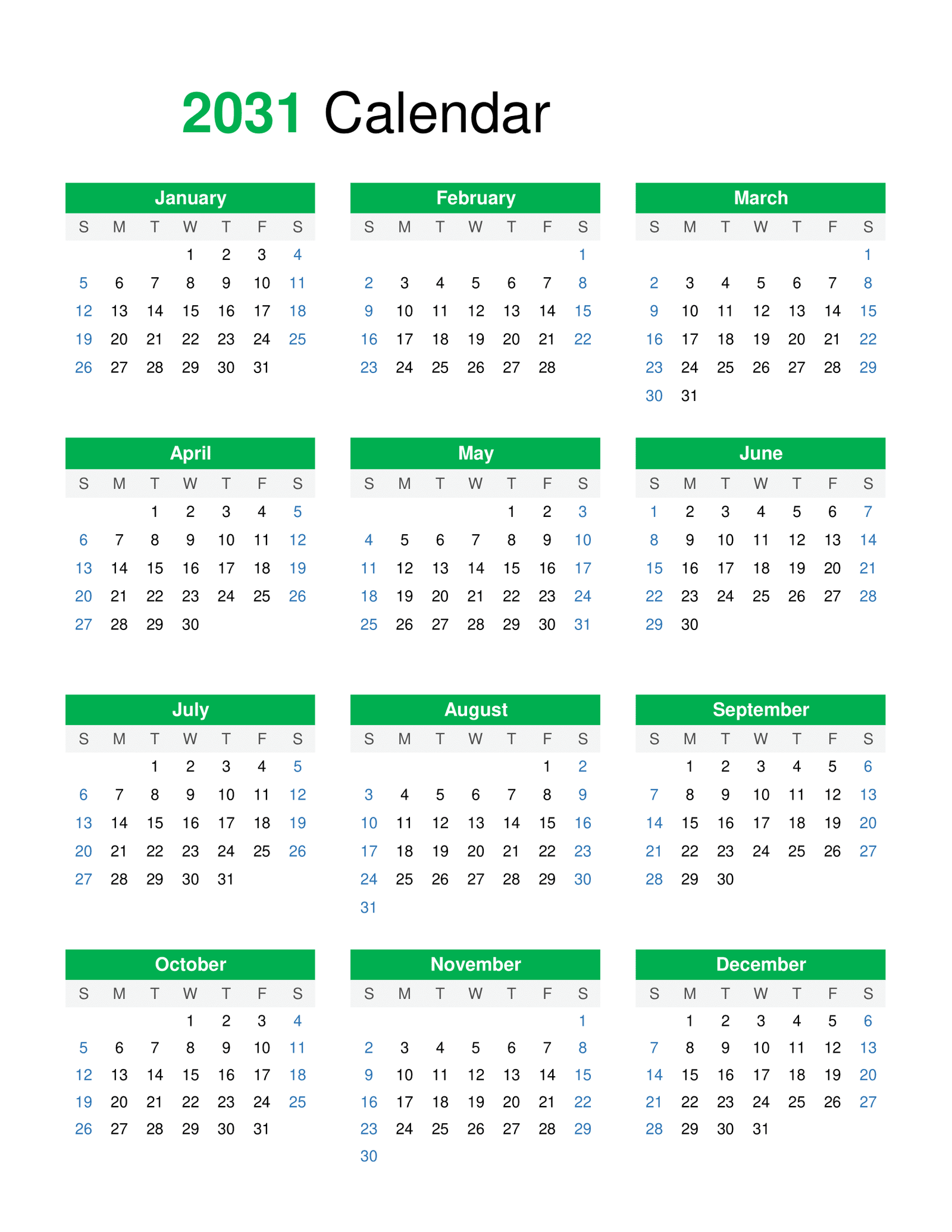 2031 calendar Calendar for 2031