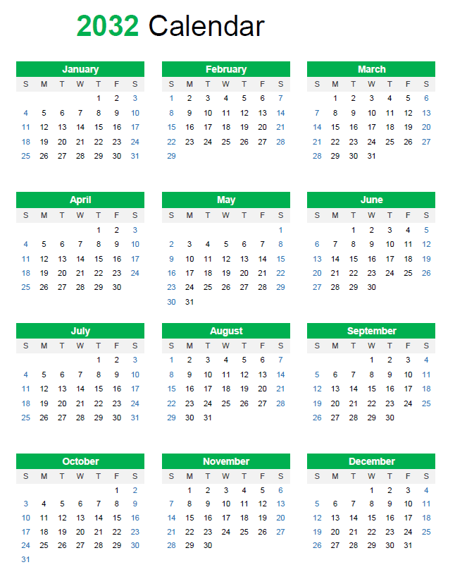 2032 calendar
