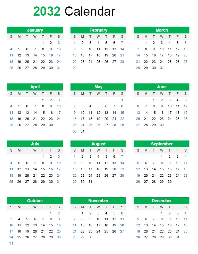 2032 calendar Free printable calendar of 2032