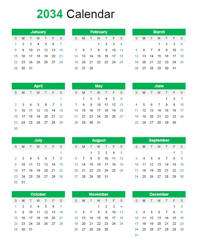 Free printable calendar of 2034 - PDF file