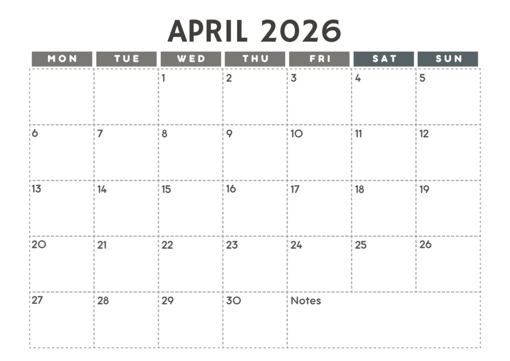 Download April 2026 calendar in PDF