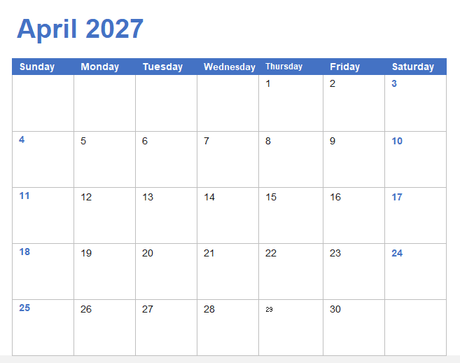 April 2027 Calendar