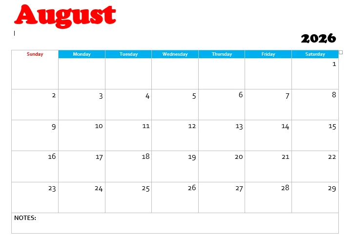August 2026 calendar