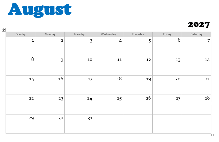 August 2027 calendar