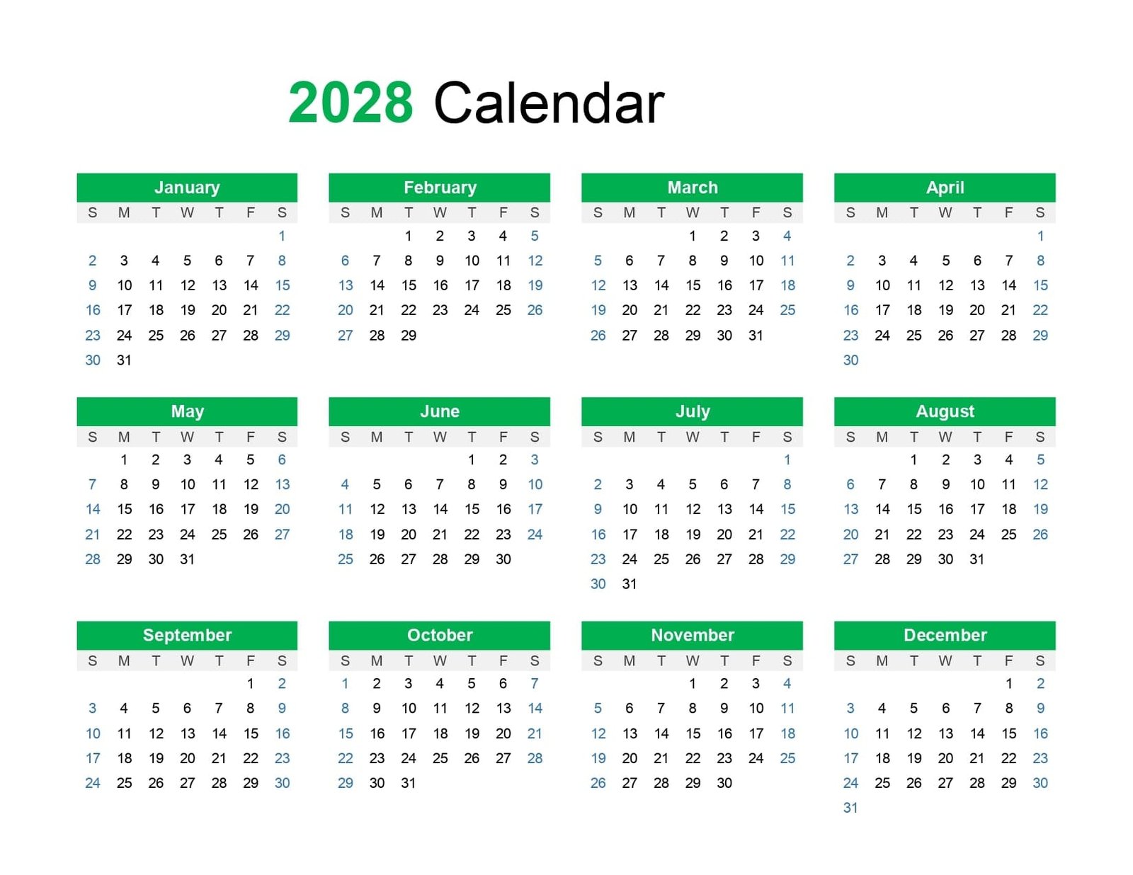 Calendar for 2028 Calendar for 2028