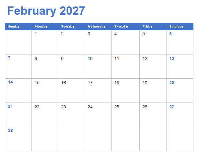 February 2027 calendar