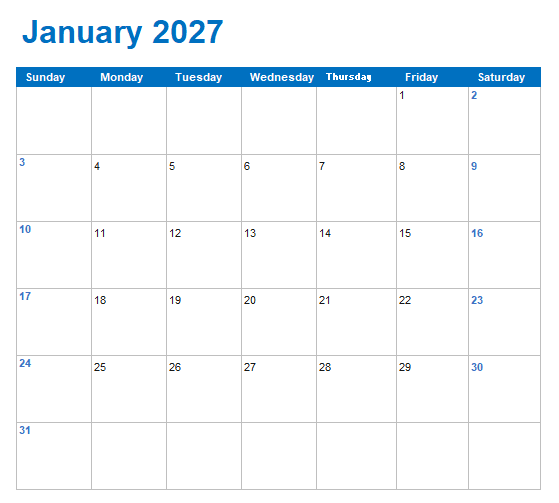 January 2027 calendar