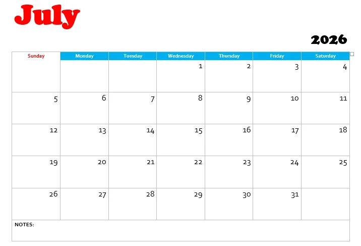 July 2026 calendar Download free Printable July 2026 Calendar in PDF