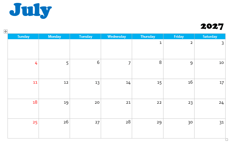 July 2027 calendar July 2027 Calendar