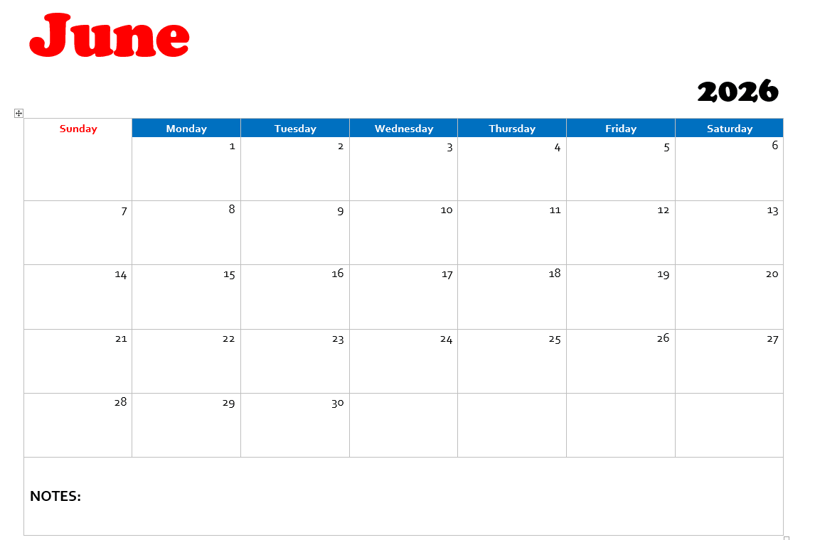 June 2026 calendar June 2026 calendar