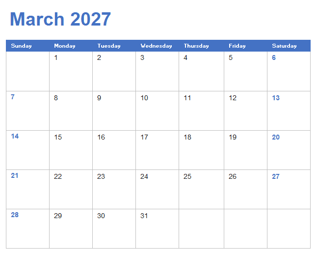 March 2027 calendar