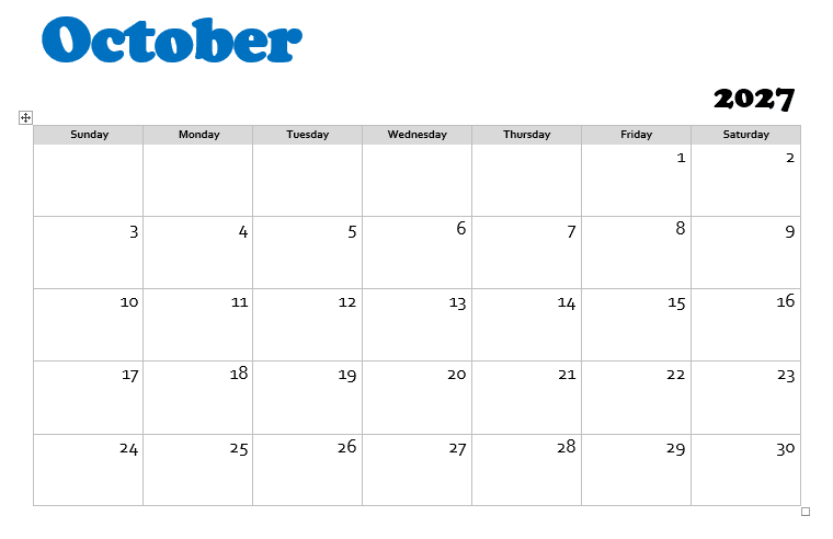 October 2027 calendar