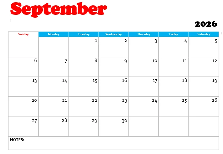 September 2026 calendar Free Printable September 2026 Calendar