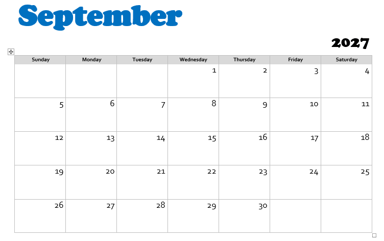 September 2027 calendar September 2027 calendar