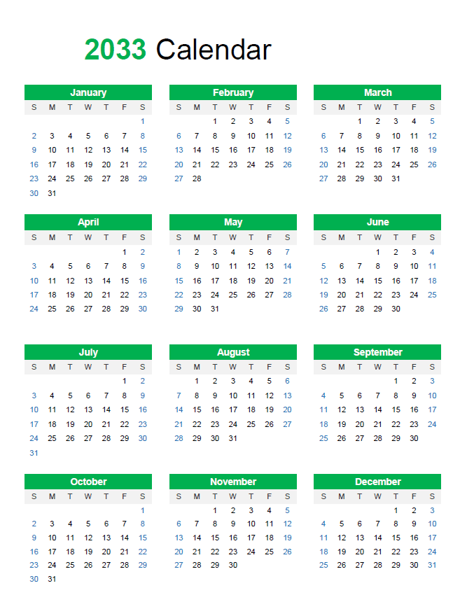 calendar of 2033