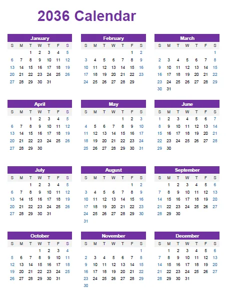 printable 2036 calendar 