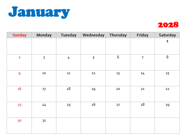 January 2028 calendar