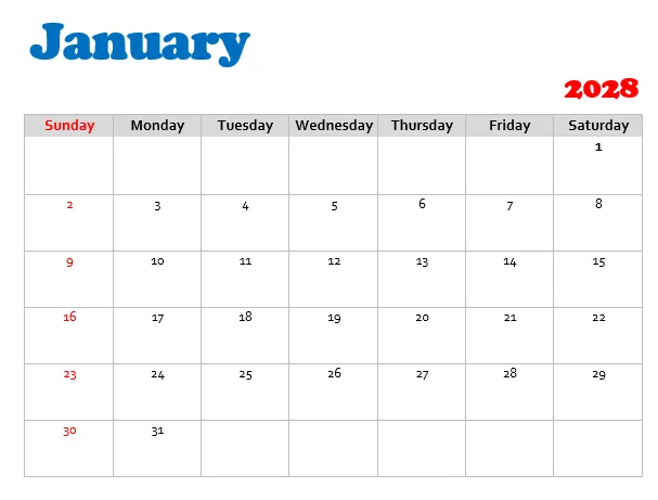January 2028 calendar